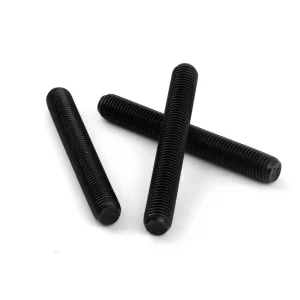 Fully threaded rod close-up showing precise metric threads and black oxide coating