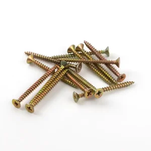 Close-up of bugle head yellow zinc plated wood screws